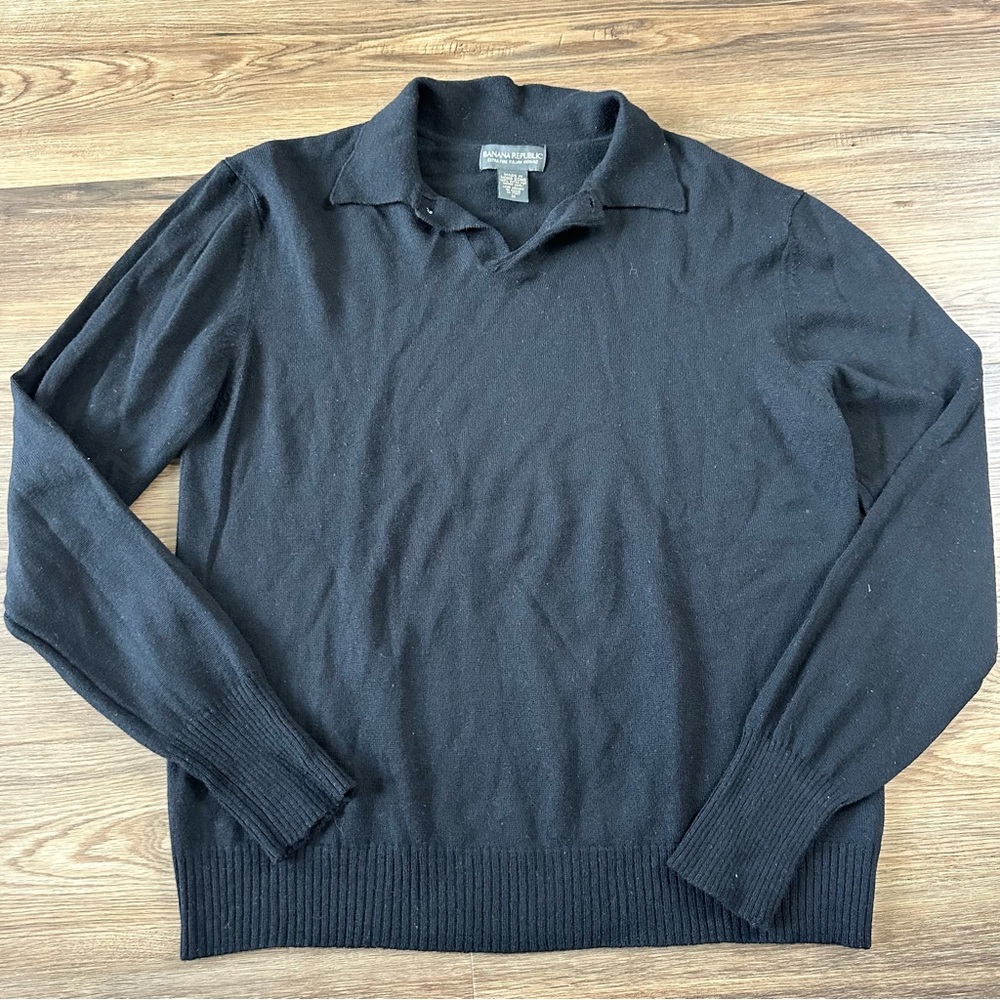 VTG Banana Republic‎ Merino Wool Polo Sweater Collared Preppy Black Men’s Medium